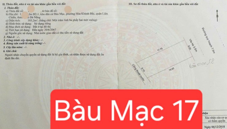 Bán đất 1 Cặp DT 213m2 đường Bàu Mạc 17 - trục thông kinh doanh đng 7,5m